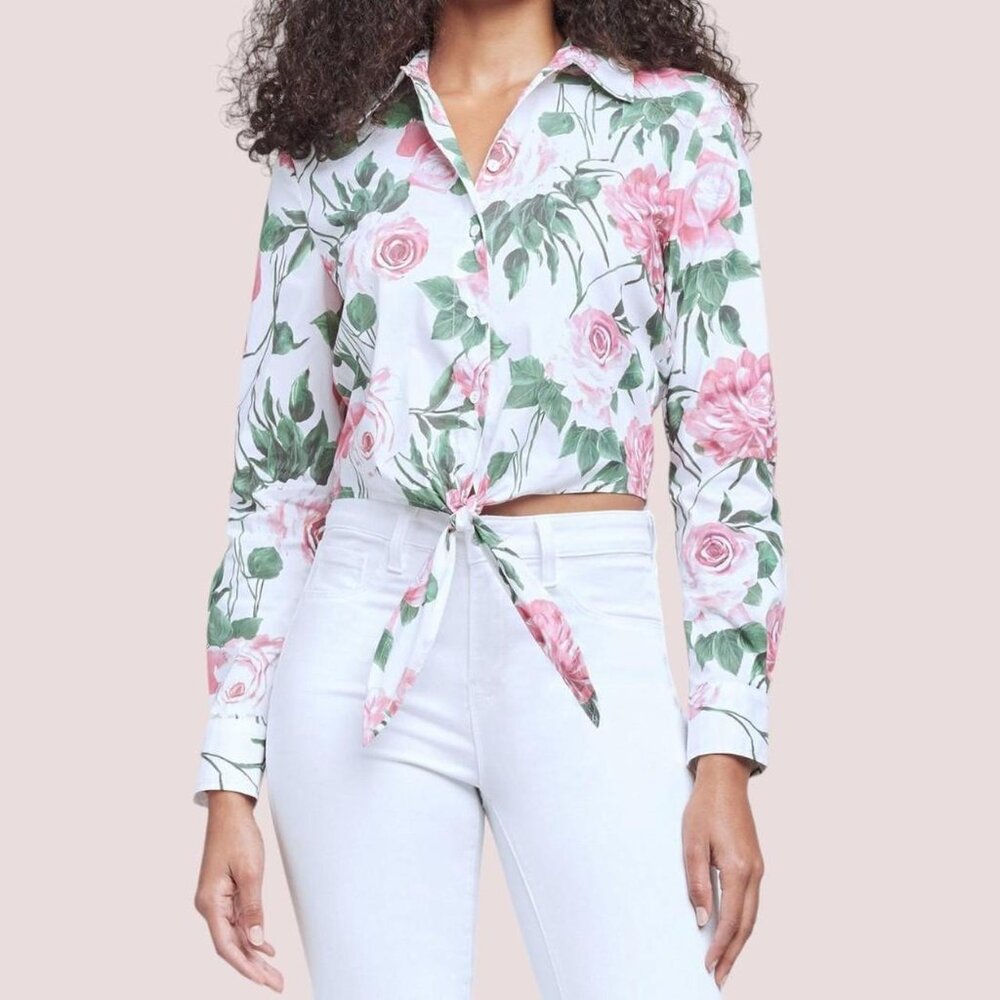 L'AGENCE Gaia Tie Front Blouse in Rosa Print! 💕